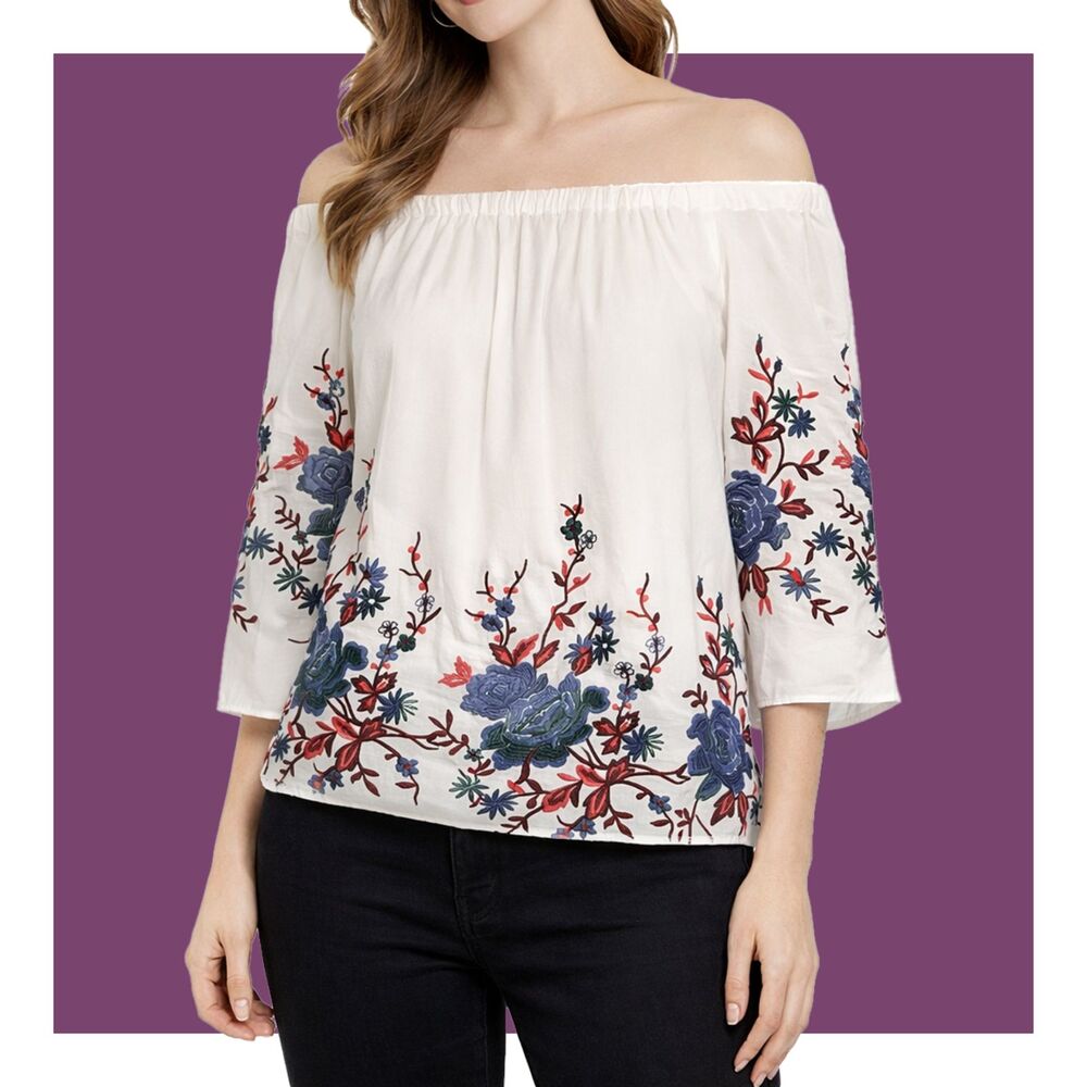 Catherine Catherine Malandrino Floral Embroidery Off the Shoulder Peasant Top